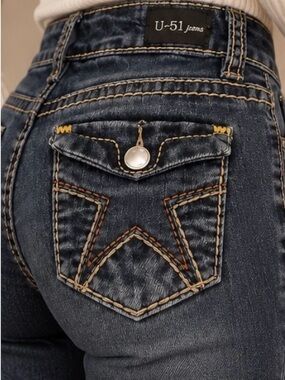 U-51 Y2K Dark Wash Contrast Stitch Bootcut Jeans Western Flap Pocket